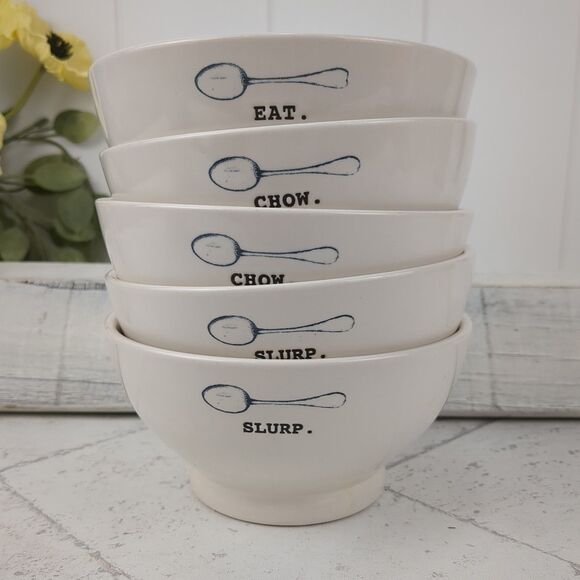 Rae Dunn Magenta White Ceramic Bowls Spoon Farmhouse Kitchen Decor Set of 5 - Picture 1 of 10